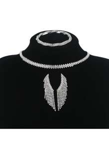 Fashionable, Elegant, And Graceful Double Row Of Rhinestone Necklace With Dazzling Dangle Earrings, Shiny Bracelet And Wedding Ring Set For Party/Bridal Jewelry