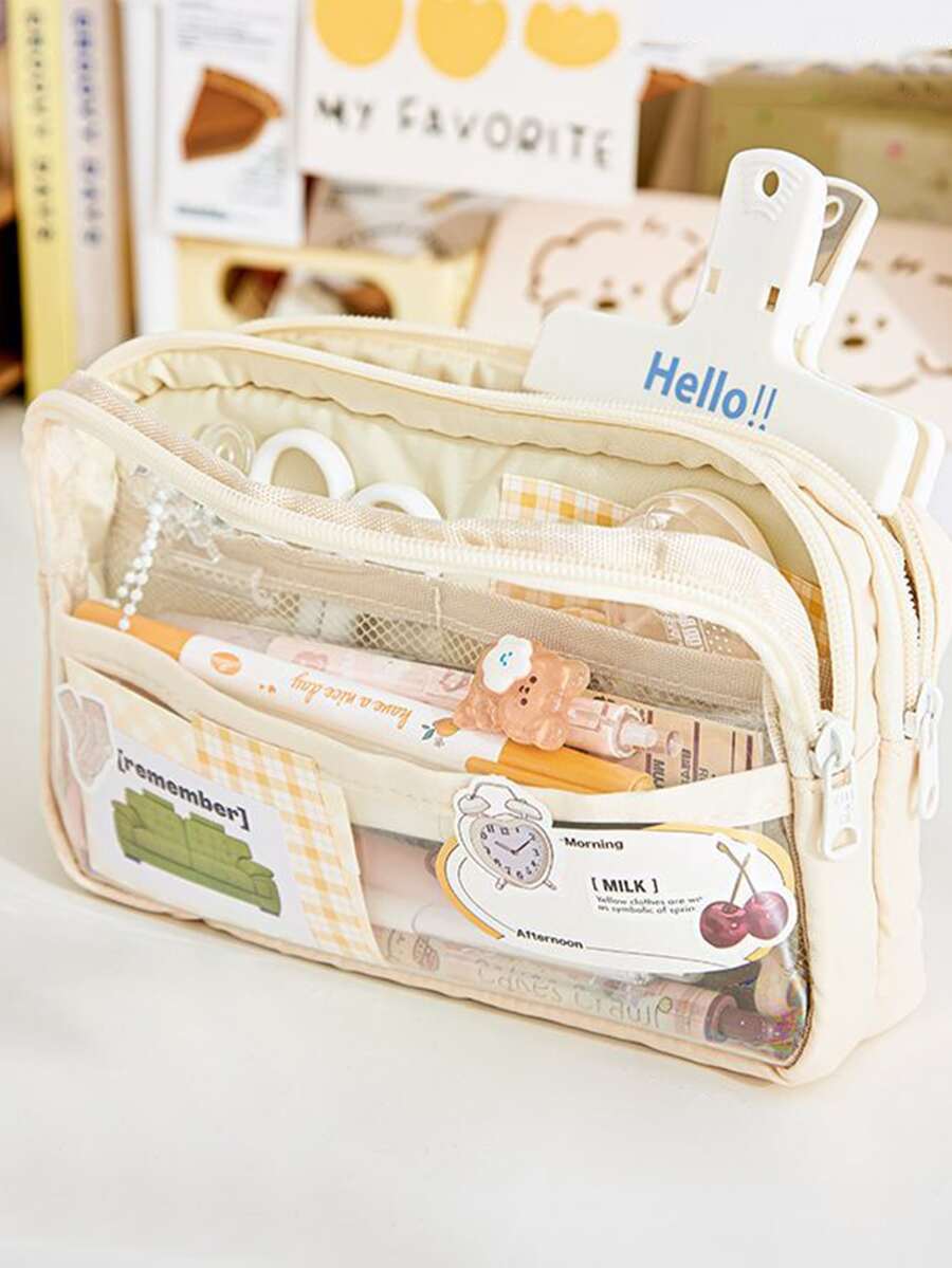 1pc Three-layer High Capacity Transparent Pencil Case, Japanese Style Stationery Bag - Beige - View 1
