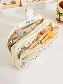 1pc Three-layer High Capacity Transparent Pencil Case, Japanese Style Stationery Bag - Beige - View 4