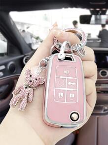 Fashion Cute Pink Rotating Teddy Bear Keychain + Anti-fall Pink Car Key Cover + Key Case For Buick Regal Gl8es Old 5 Key 12/13/14/15 For Men Gl6 Regal Car Key Cover - Pink - View 1