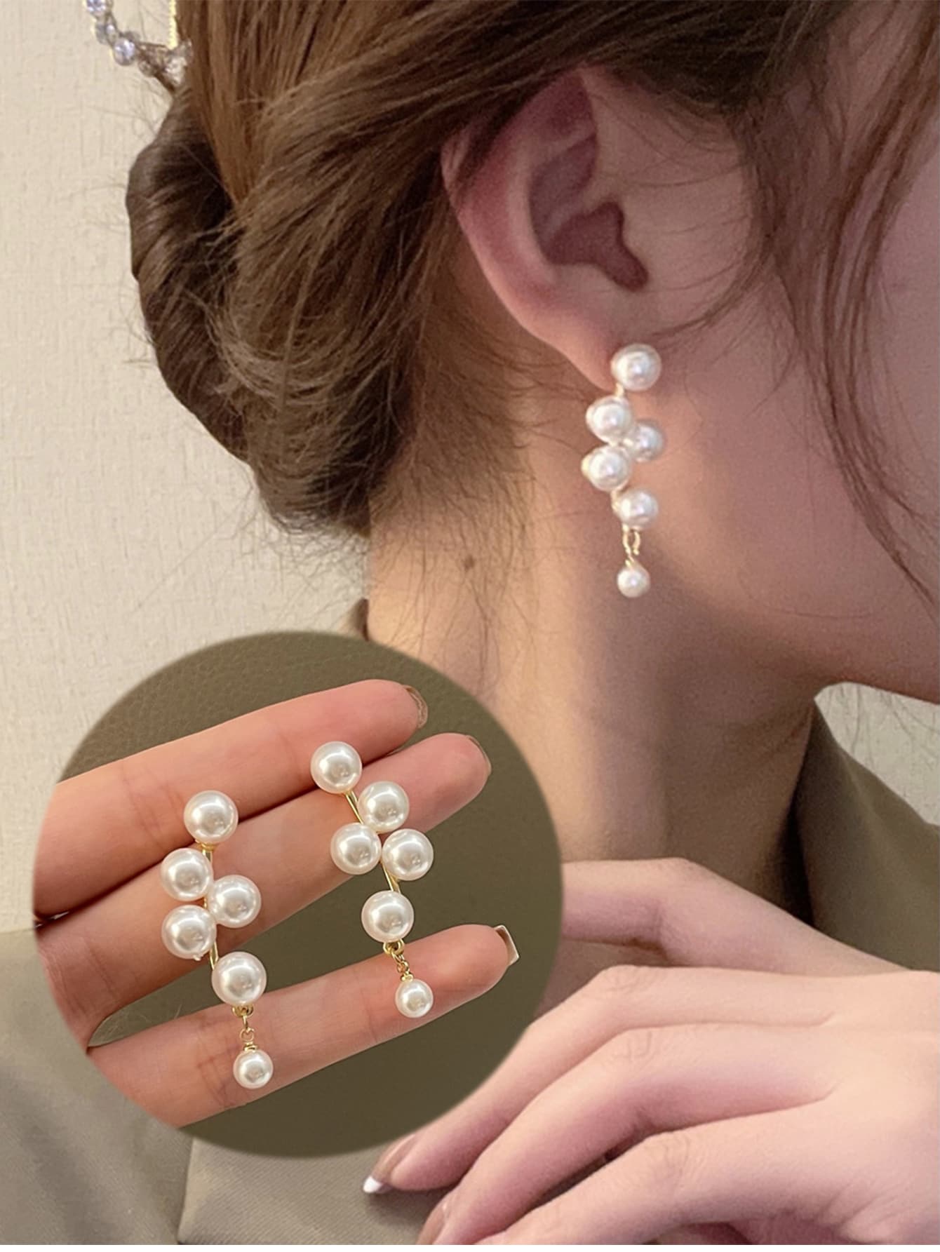 1 Par De Aretes Largos En Forma De Uva Con Perlas Elegantes Y Refinados Para Mujeres Dulces - Blanco - Ver 1