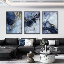 HALFLEMART 3pcs Dark Blue & Golden Marble Pattern Canvas Wall Art - Perfect for Living Room, Bedroom & Corridor Decor - No Frame - Multicolor - View 5