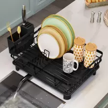1pc Automatic Drain Bowl & Dish Drying Rack With Cutlery Box, Kitchen Organizer In Black
