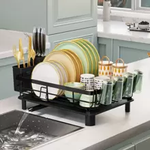 1pc Automatic Drain Bowl & Dish Drying Rack With Cutlery Box, Kitchen Organizer In Black