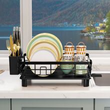 1pc Automatic Drain Bowl & Dish Drying Rack With Cutlery Box, Kitchen Organizer In Black