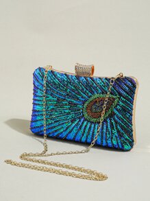 Sac de soirée clutch en perles et sequins motif paon, pour mariage et soirée - Bleu azur - Voir 1