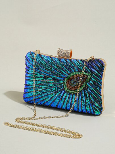 حقيبة يد مسائية بالترتر والخرز على شكل طاووس للأعراس والحفلات