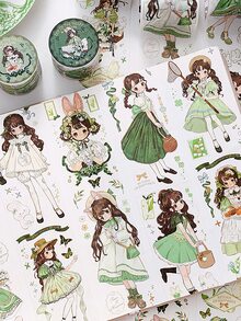 1 Roll Random Cute Girl Pattern Washi Tape Sticker For Multipurpose Diy Craft, Scrapbooking And Journaling Decoration - Green - View 4