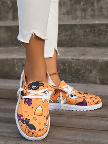 女性時尚舒適的室內/室外簡約萬聖節南瓜蝙蝠圖案休閒帆布鞋 - 橘色 - 查看 2