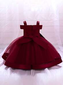 Vestido elegante sin mangas con estampado floral y lazo de malla para niñas, adecuado para fiestas de cumpleaños, sin diadema - Burdeos - Ver 2