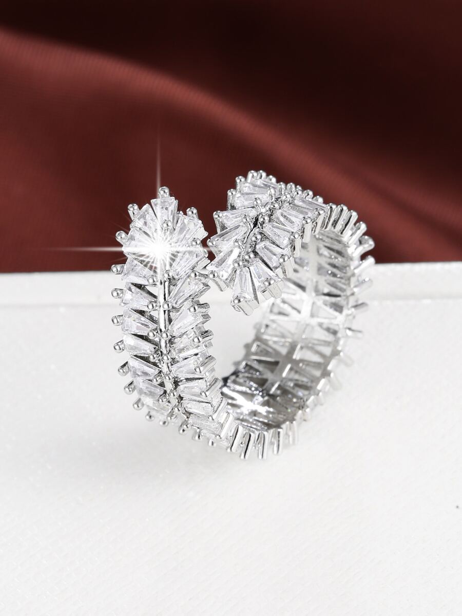 1pc Luxury Wide Wheat Ear Design Ring With Adjustable Open End, Adorned With Stones - Silver - View 1