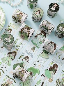 1 Roll Random Cute Girl Pattern Washi Tape Sticker For Multipurpose Diy Craft, Scrapbooking And Journaling Decoration - Green - View 6
