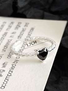 1只時尚簡約黑色心形鋯石扭繩開口可調整戒指,適合女性日常佩戴 - 銀色 - 查看 5