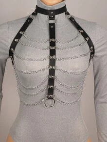1 Pieza Estilo Gótico Cinturón De Cintura De PU Con Detalles De Cadena Para Trajes De Festival - Negro - Ver 3