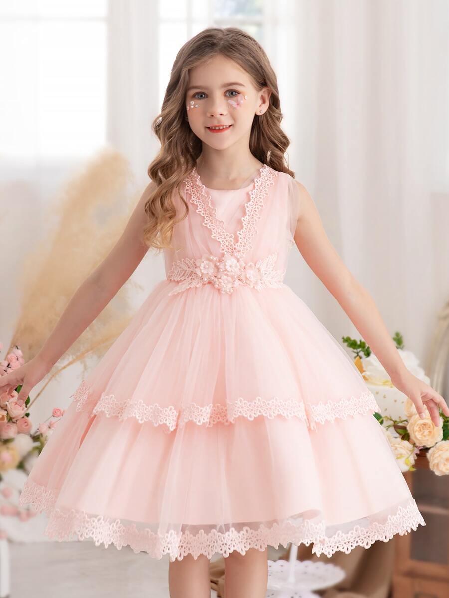 Vestido de tul elegante y de princesa con flores 3D rosa para niña pequeña, adecuado para cumpleaños, fiestas, bodas, niña de las flores, recitales de piano y celebraciones festivas - Rosa - Ver 1