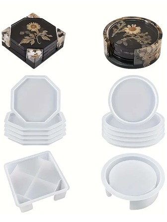 Coaster Resin Form Set innehåller 1 st Berg-och dalbana förvaringsboxform, 4 st silikonharts-underläggsformar Epoxi, Coaster, DIY Art Craft (rund)