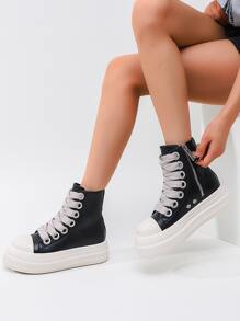 Alan Vincent Black Shoes For Women 2025 New Style Women Boots High Boots Women Lace-Up Zip Black Platform Boots Increase 5cm Party Shoes For Women Daily Wear Ladies Shoes Casual Fashion Sneakers Outdoor Comfort Shoes Suitable For Short Women Dark Motorcycle Style - Black - View 3