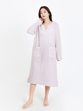 口袋 開衩純色女士家居服連衣裙