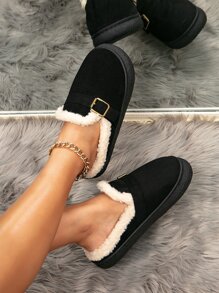 Sapatos De Pêlo De Inverno Femininos Para Ambiente Externo Com Forro Engrossado, Quente, Antiderrapante, Confortável, Chinelos Baixos De Fivela, Tamanho Pequeno, Recomendamos Pedir 1 Tamanho A Mais - Preto - Ver 2