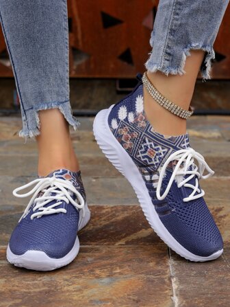 Women's Fashionable Outdoor Lace-up Blue Geometric Pattern Comfortable Casual Shoes