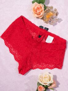 Bragas, Tanga/Cachetero con Moño Frontal, Encaje En Contraste Floral Piezas Individuales, - Rojo - Ver 4