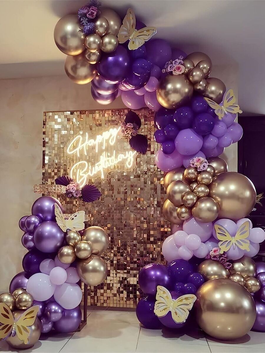 130pcs Purple Balloon Garland Kit, Purple And Gold Balloons Decorations
