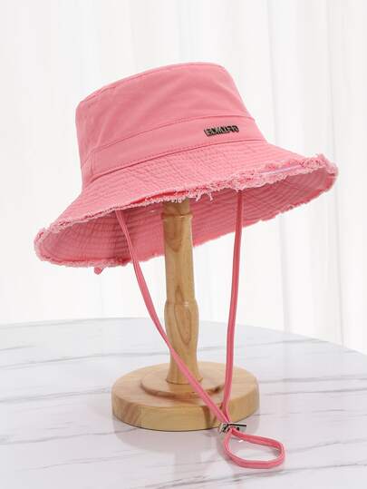 Korean Style Metal Letters Edged Wide Brim Bucket Hat With Frayed Edge For Women, Summer Outdoor Climbing Sun Protection Cap Street