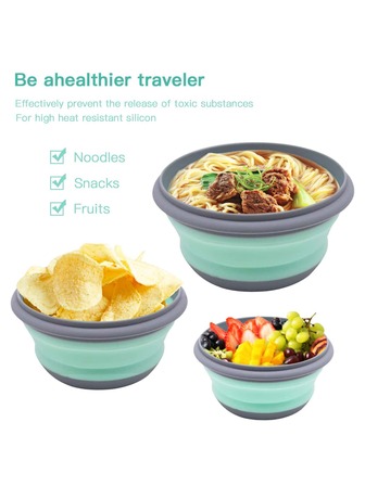 Juego De 3 Piezas De Tazones Para Viajes De Camping Al Aire Libre Box Almuerzo Plegable Portátil Con Tapa, Tazón De Ensalada De Silicona Y Contenedores De Cocina