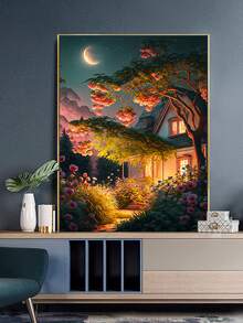 5D 钻石画“月光下的房子”，现代艺术马赛克全圆钻石十字绣，家居客厅装饰