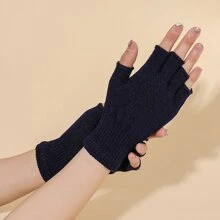 學生純色薄款半露指手套 - 黑色 - 查看 3