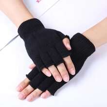 學生純色薄款半露指手套 - 黑色 - 查看 1