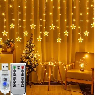 1 Set LED Star Curtain Lights, 19pcs Light Strips USB Powered, 4M X 0.6/0.5/0.4M Wave Star Lights With Multifunctional Remote Control, Fairy Tale Lights, Suitable For Wedding, Party, Birthday, Home, Garden, Bedroom, Outdoor, Wall, Window, Halloween, Christmas Decoration, Warm White/White