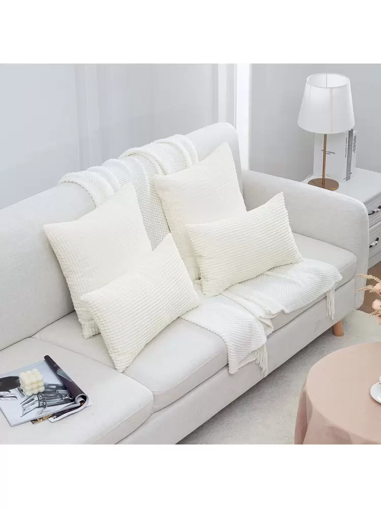 Set di 2 federe decorative in velluto a coste, 45 x 45 cm, stile bohémien, tinta unita naturale con righe. | Leroy Merlin
