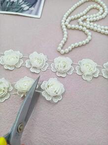 Ruban Décoratif De Bordure De Dentelle De Fleurs En Maille Brodée 3d Avec Perles Pour Accessoire Vestimentaire - Champagne - Voir 4