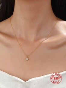 1入組純銀S925鍍金雪花&充分方晶鋯石裝飾女性項鍊,時尚&多用途禮物適用於日常穿著或者日期 - 金色 - 查看 1