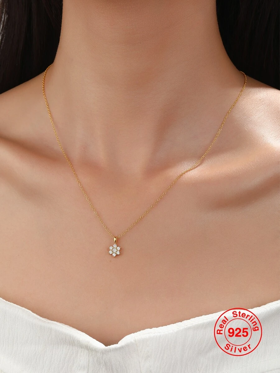 1入組純銀S925鍍金雪花&充分方晶鋯石裝飾女性項鍊,時尚&多用途禮物適用於日常穿著或者日期 - 金色 - 查看 1