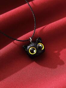 1pc Cartoon Blue Pupil Yellow Eyed Black Cat Charm Rope Necklace For Women, Cute Party Cosplay Pendant