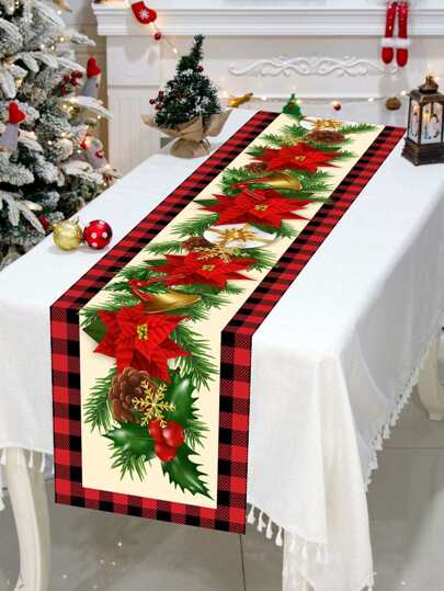 1pc Christmas Themed Tablecloth Table Runner, Christmas Wreath Pattern Table Runner Perfect For Decorating Family Christmas Party