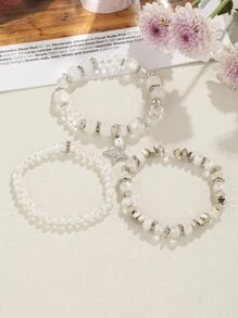 3pcs/set Bohemian Style Women's Crystal Beads & Silver Alloy Block Bracelets - White - View 2