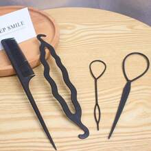 4pcs Solid Hair Roller Tool Set, For Hair Styling - Black - View 2