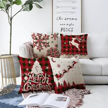 4入組聖誕主題格紋靠枕套17.7'x17.7',以格紋馴鹿、雪花、文字和花環圖案裝飾,農家風格裝飾用於汽車、沙發、床、家居及戶外,不含枕頭芯 - 彩色 - 查看 2