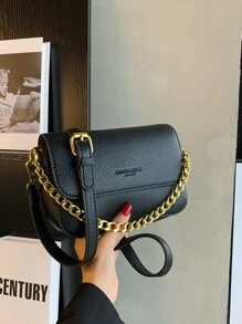 Mini 2023 New Style Fashionable Flap Crossbody Bag With Letter Printed Pattern And Metal Chain Decoration - Black - View 3
