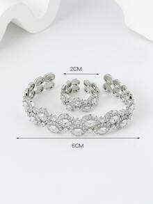 1套女士新款14k金銅製雙排鋯石鑲嵌手鏈和戒指,開口造型,適合日常穿搭搭配,時尚流行 - 銀色 - 查看 5