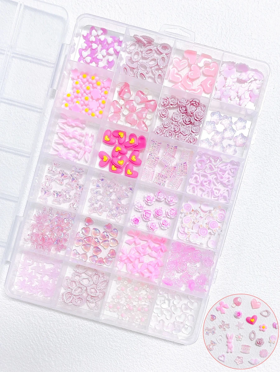 1 盒粉色蝴蝶和花朵美甲装饰套装，带 24 个网格 - 彩色 - 查看 1