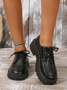 女式厚底圓頭黑色鞋，綁帶式瑪麗珍鞋，日式風格 - 黑色 - 查看 1