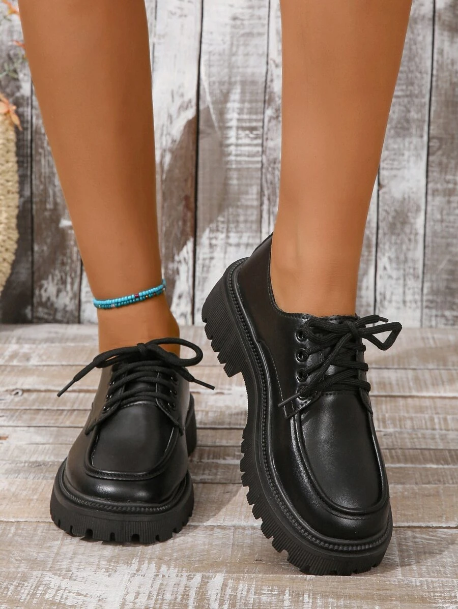 女式厚底圓頭黑色鞋，綁帶式瑪麗珍鞋，日式風格 - 黑色 - 查看 1