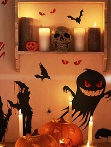 1 Pc Happy Halloween Black Ghost Print Bat Sticker Static Glass Window Sticker Home Decoration Wall Sticker - Multicolor - View 7