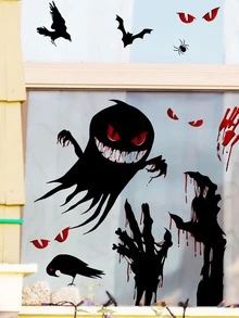 1 Pc Happy Halloween Black Ghost Print Bat Sticker Static Glass Window Sticker Home Decoration Wall Sticker - Multicolor - View 5