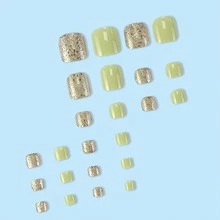 24 件短橢圓形假腳趾甲帶抹茶綠閃光粉美甲套裝加上 1 張果凍凝膠和 1 件指甲銼,適合日常、家庭和旅行使用 - 橄欖綠 - 查看 3