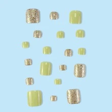 24 件短橢圓形假腳趾甲帶抹茶綠閃光粉美甲套裝加上 1 張果凍凝膠和 1 件指甲銼,適合日常、家庭和旅行使用 - 橄欖綠 - 查看 4